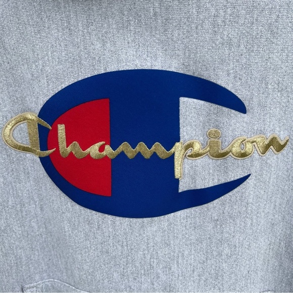 Champion Reverse Weave Big C Spell Out Logo Hoodie Gray Medium Thick Soft - Picture 6 of 11